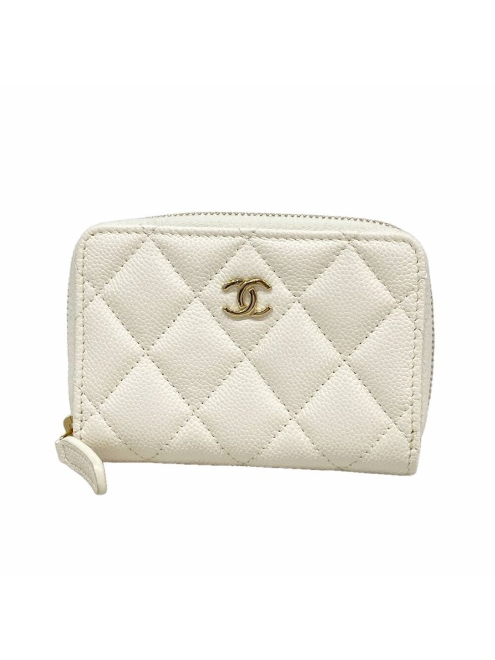 Chanel Coin Purse Quilted Caviar Leather Ivory Champagne Gold